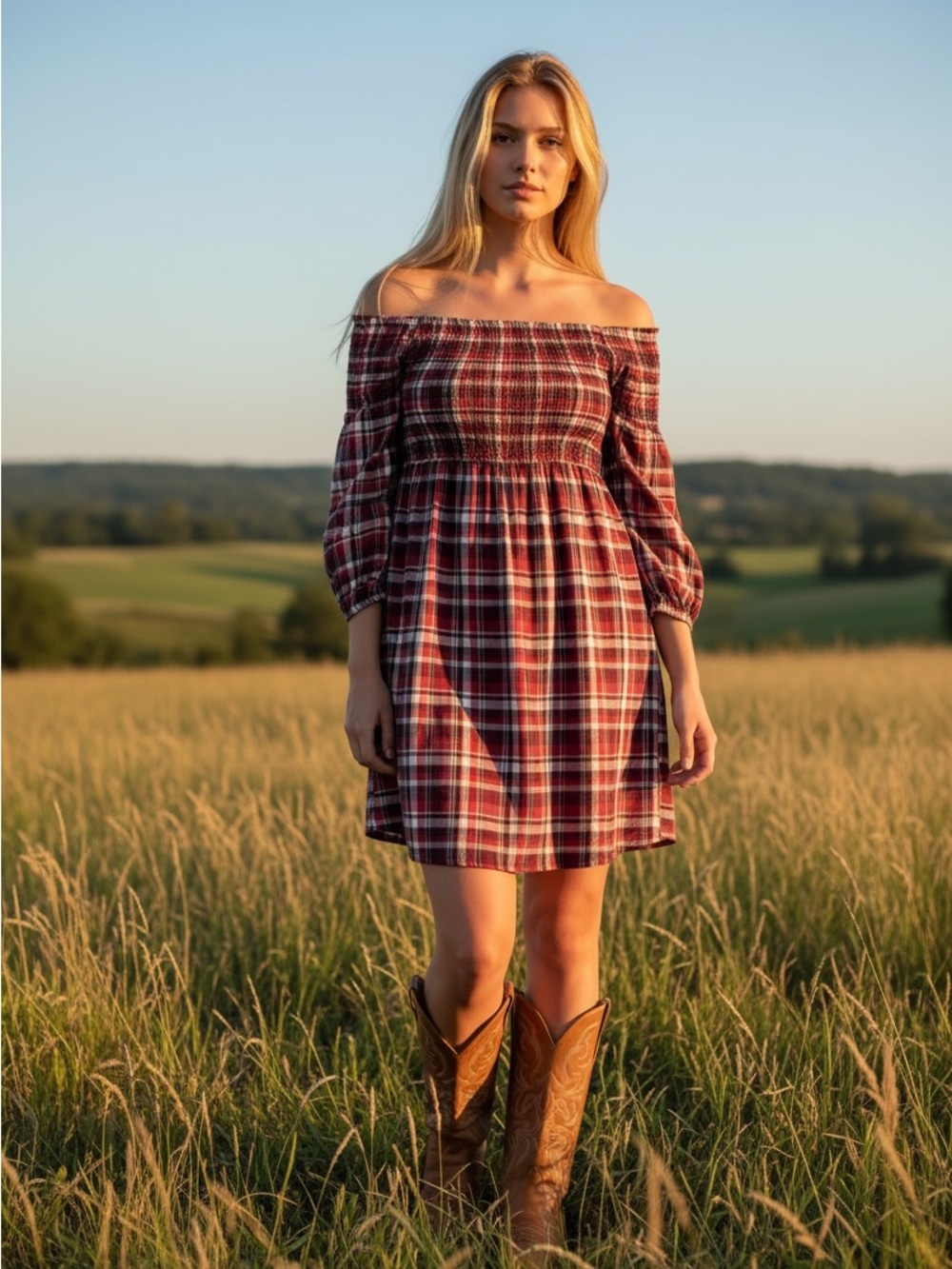 Mimi Chica NWT Boho Western Red Burgundy Plaid Off-Shoulder Mini Dress Size Med